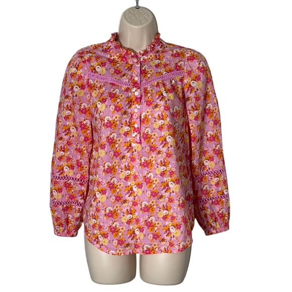 J. Crew Floral Ruffleneck Shirt Blouse Pink and Orange Size XXS - Picture 4 of 12